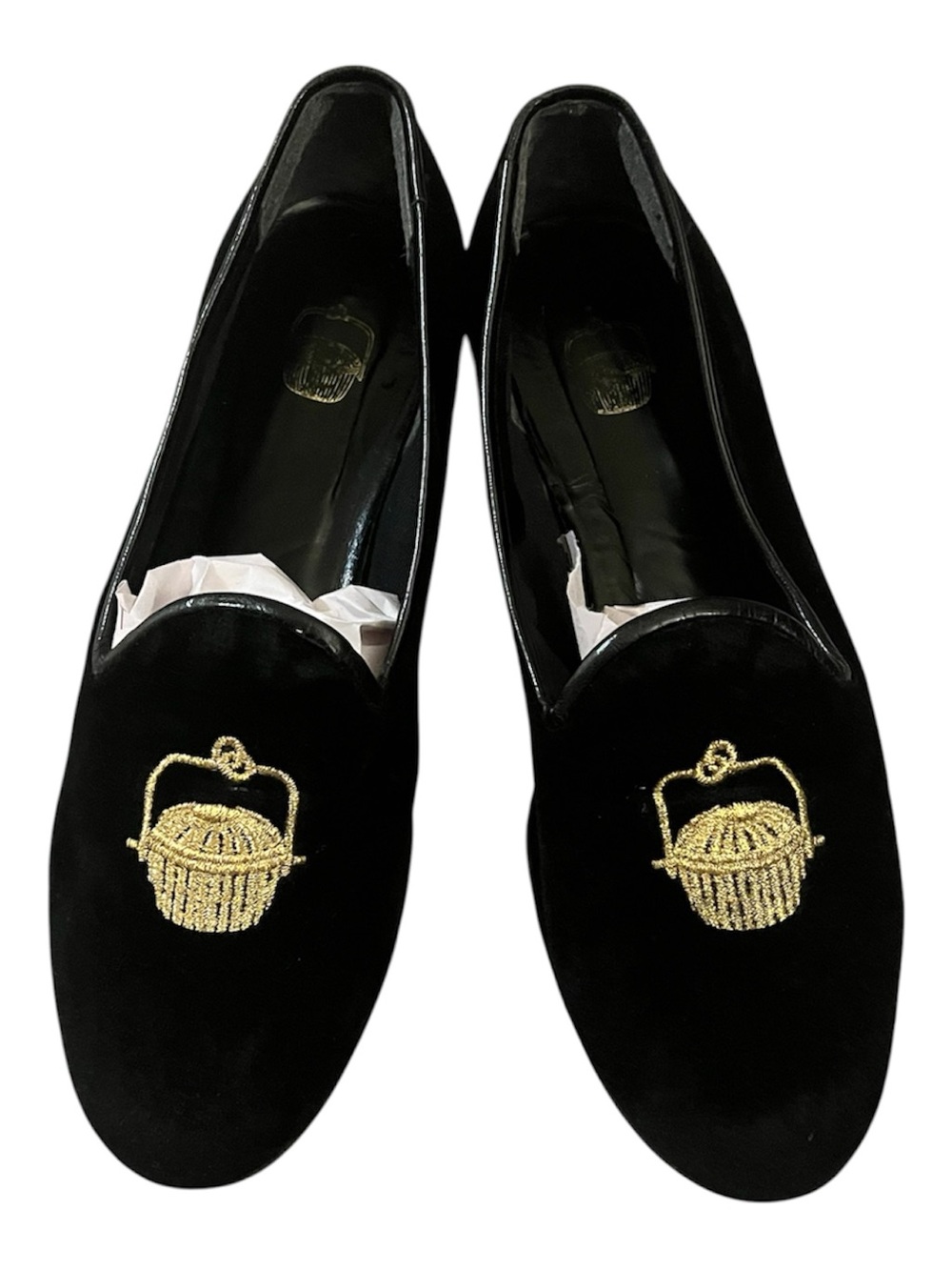 Stubbs & Wootton Black Velvet Loafer with Leather Trim Gold Embroidered Basket 7